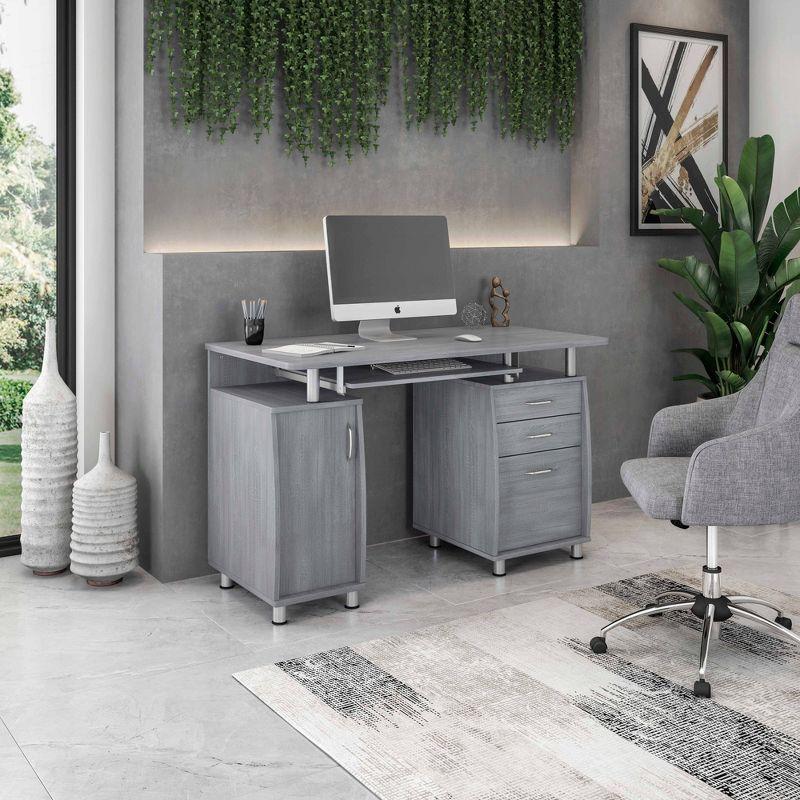 Gray Rectangular Workstation Desk with Storage and Keyboard Tray