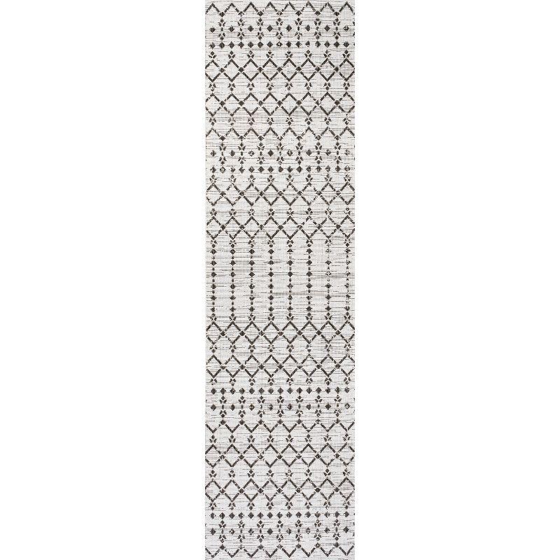 2' x 10' Ourika Moroccan Geometric Textured Weave Indoor/Outdoor Runner Rug, Cream/Black - JONATHAN Y