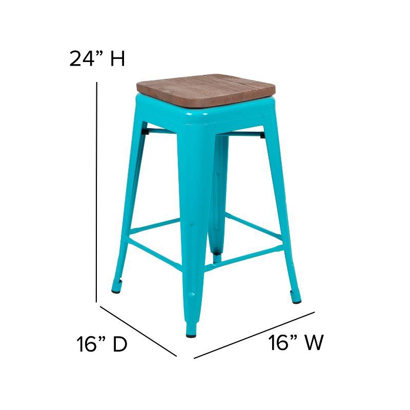 Emma and Oliver 24" High Metal Counter-Height, Indoor Bar Stool with Wood Seat in Teal - Stackable Set of 4
