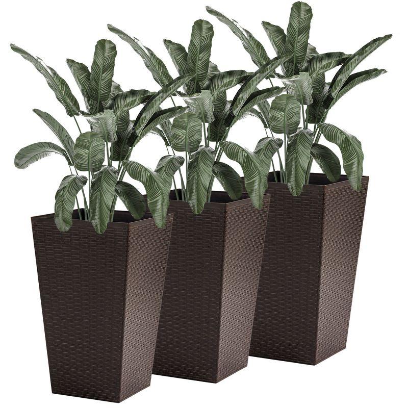 Outsunny Set of 3 Tall Planters with Drainage Holes, Outdoor & Indoor Flower Pot Set for Front Door, Entryway, Patio and Deck, Brown