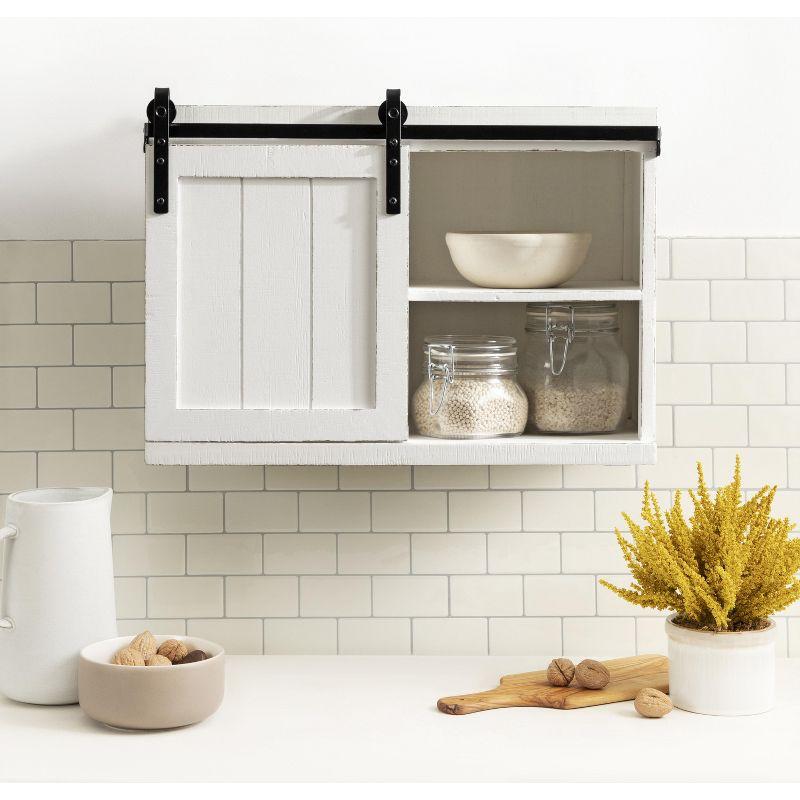 White Wood Floating Side Table with Sliding Barn Door