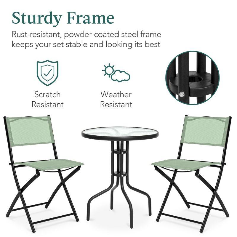 George Oliver 3-Piece Patio Bistro Dining Furniture Set W/ Glass Tabletop, Folding Chairs