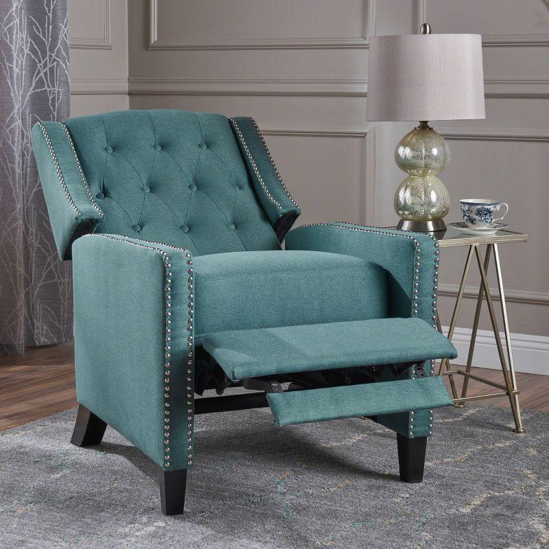 Teal Tufted Back Fabric Recliner with Dark Brown Legs