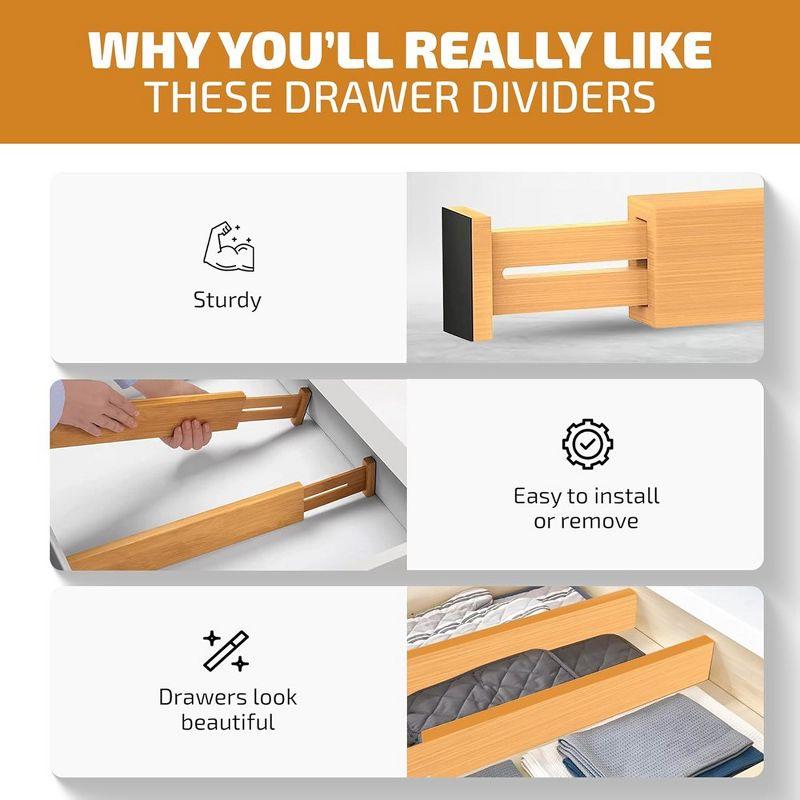 4-Pack Adjustable Bamboo Drawer Dividers – 16" to 22" Expandable Drawer Organizers for Kitchen, Bedroom, Bathroom, or Office - 2.6" Tall