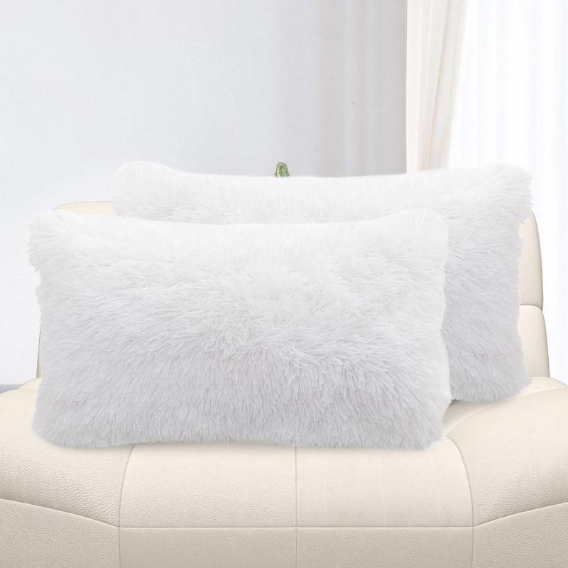 Cheer Collection Super Soft Shaggy Long Hair Throw Pillows Set of 2 - White (12" x 20")