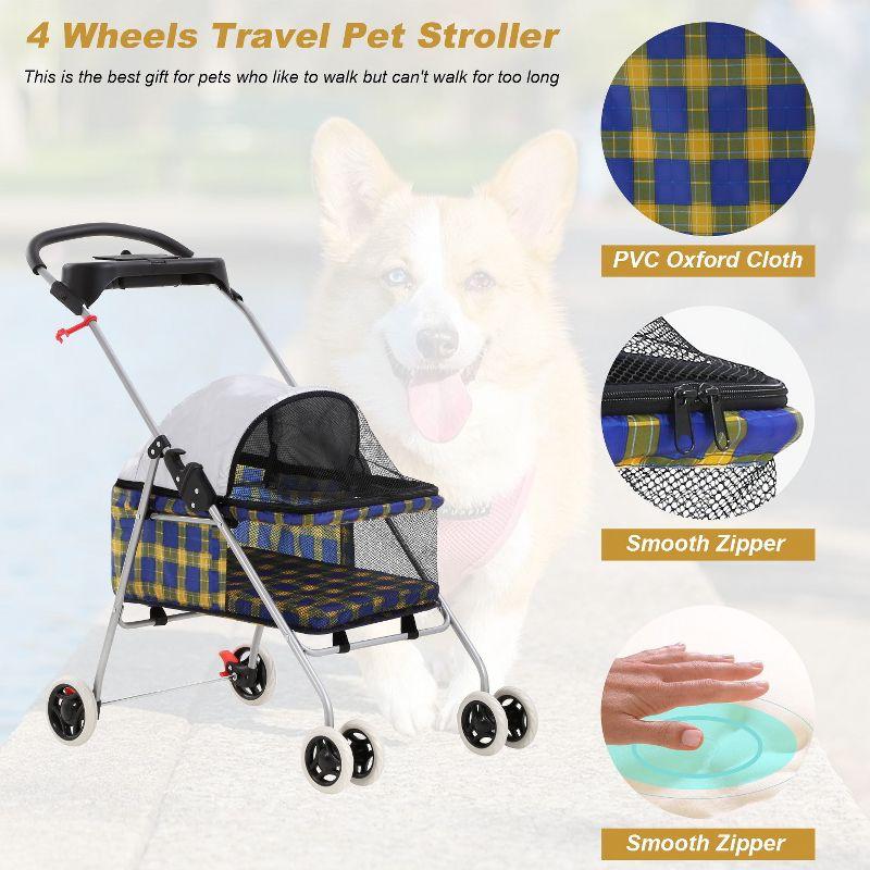 FDW 4 Wheels Pet Stroller Cat Dog Stroller Portable Folding Travel Carrier Strolling Cart Waterproof with Storage Basket,Mesh Windows, Yellow Plaid