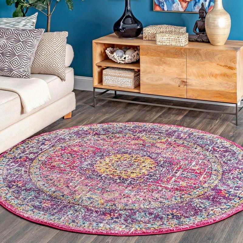 Pink and Multicolor Round Synthetic Persian Area Rug