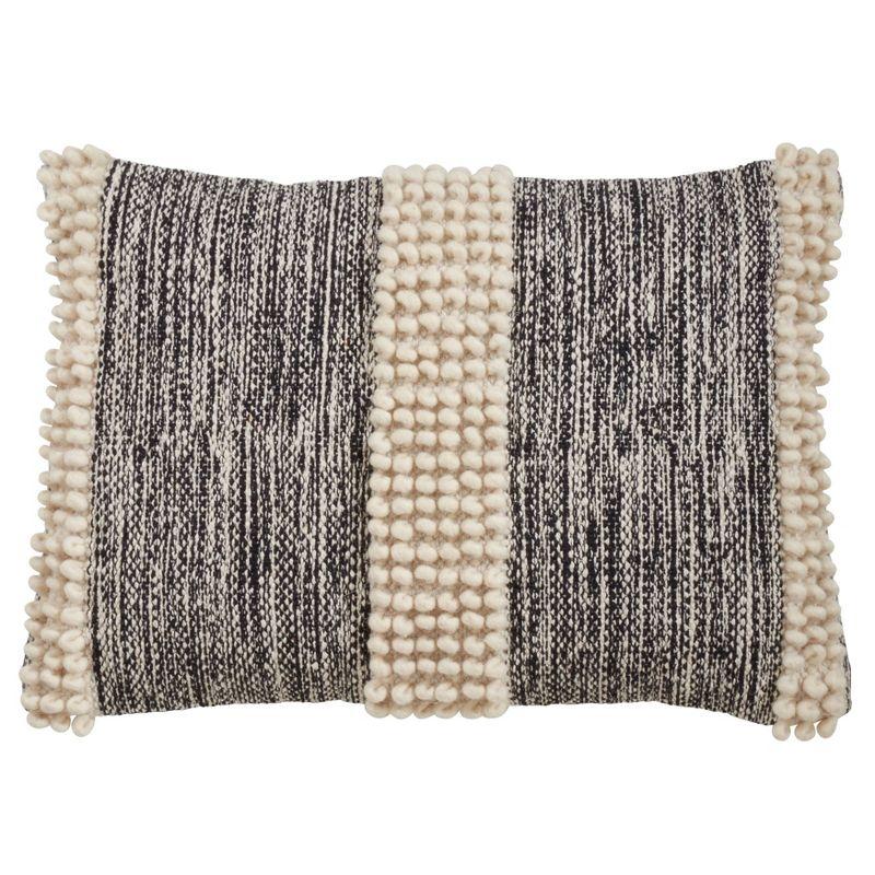 Cream and Black Cotton Pom-Pom Striped Throw Pillow Cover