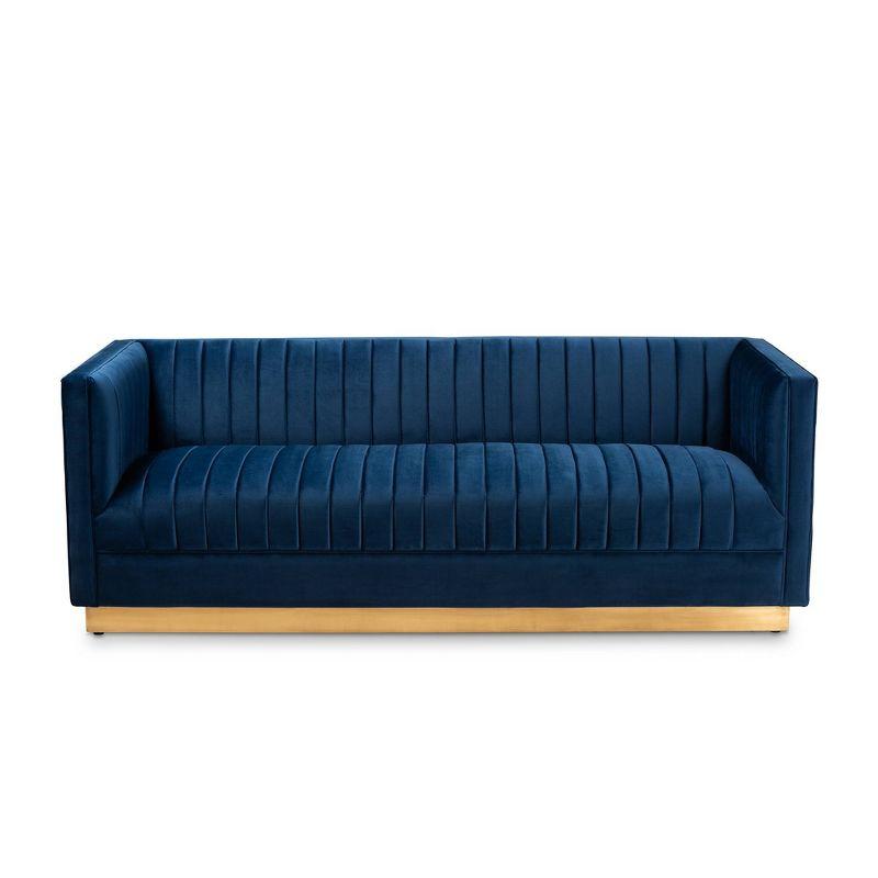 Navy Blue Tufted Faux Leather Sofa with Gold Base