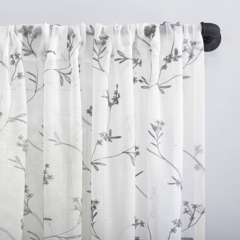 84"x50" Delia Embroidered Floral Sheer Rod Pocket Curtain Panel White - No. 918: Modern Botanical Indoor Curtain