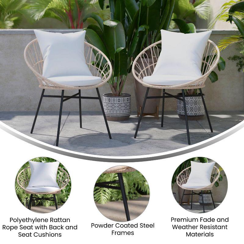 Flash Furniture Devon Set of 2 Indoor/Outdoor Modern Papasan Style Rattan Rope Patio Chairs, PE Rattan with Cushions