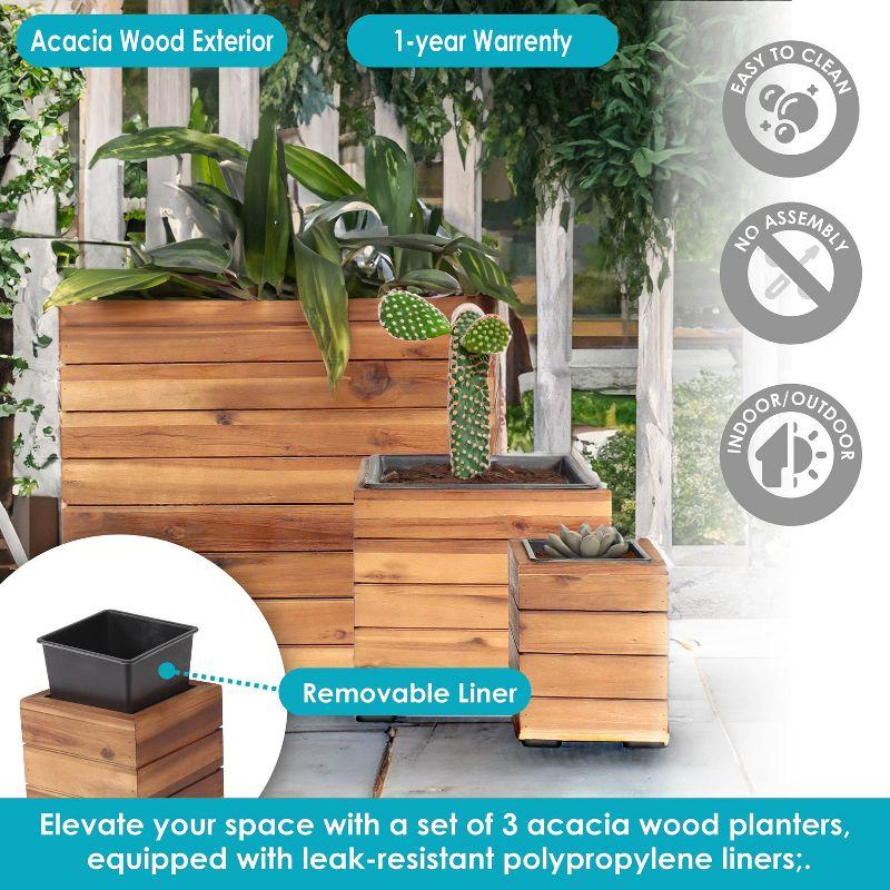 Sunnydaze Indoor/Outdoor Square Acacia Wood Planter Box with Plastic Liner - 3pk - Light Brown Stain