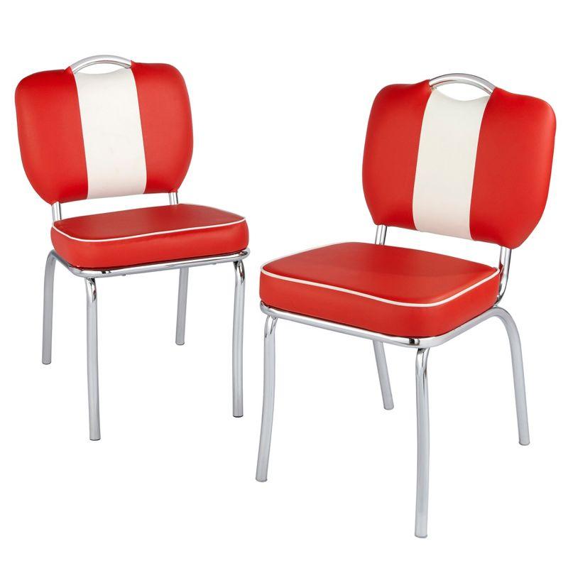 Red and White Faux Leather Retro Side Chairs with Chrome Legs, Set of 2