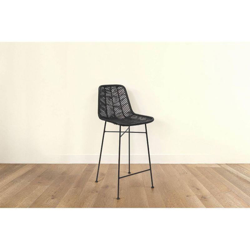 Storied Home Rattan Bar Stool Black: Wrought Iron Frame, Fixed Height, Spot Clean, Adult Use