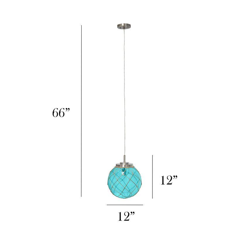 Buoy Netted Coastal Ocean Sea Glass Pendant with Natural Rope Aqua - Elegant Designs: Brushed Nickel Canopy, UL Listed