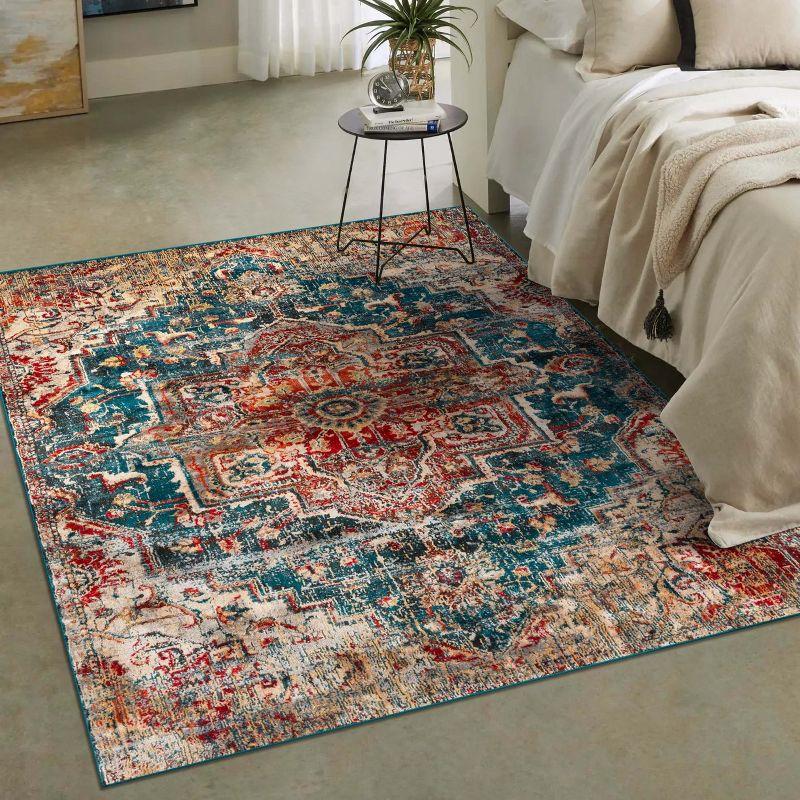 Elegant Blue Synthetic 5' x 7' Oriental Easy-Care Rug