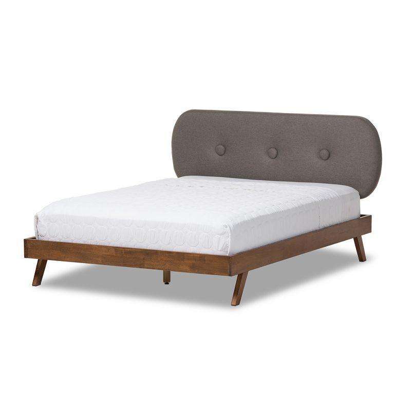 Penelope Mid-Century Modern Solid Wood and Fabric Upholstered Platform Bed Gray/Walnut Brown - Baxton Studio