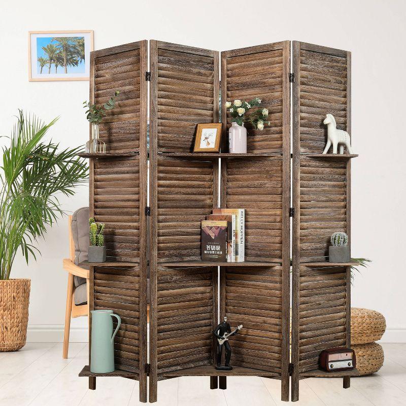 Proman Products Rancho 4 Shelf Panel Folding Screen Room Partition Paulownia Wood: Privacy Screen with Storage, No Assembly