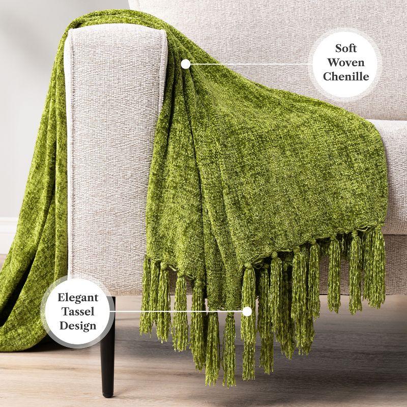 PAVILIA Chenille Throw Blanket with Woven Knitted Tassel Fringe for Couch, Living Room Decor and Bed