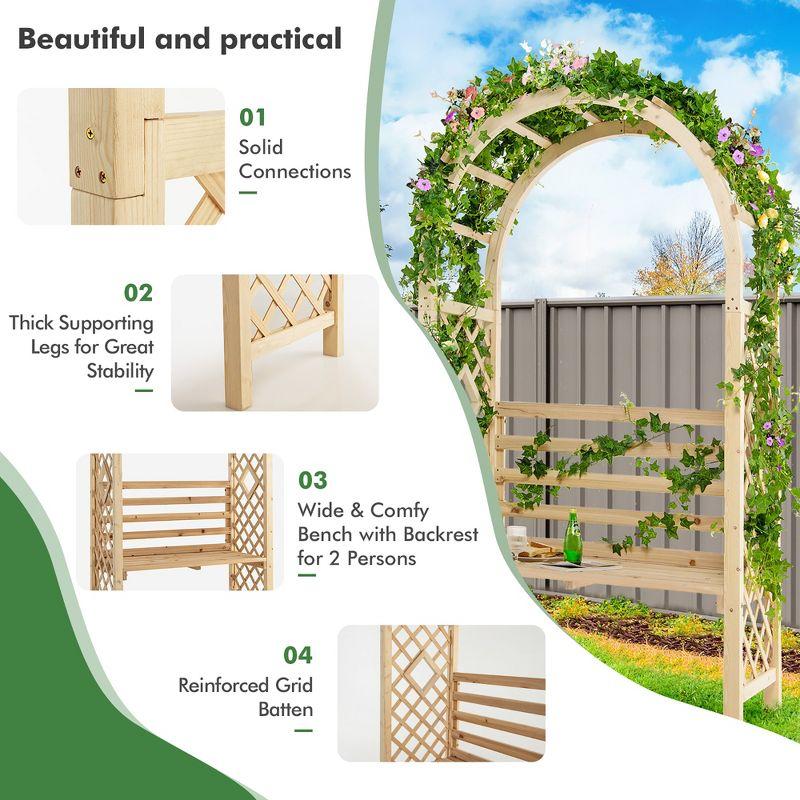 Costway Wooden Garden Bench Arch Pergola Outdoor Arbor w/backrest Patio Trellis Pergola