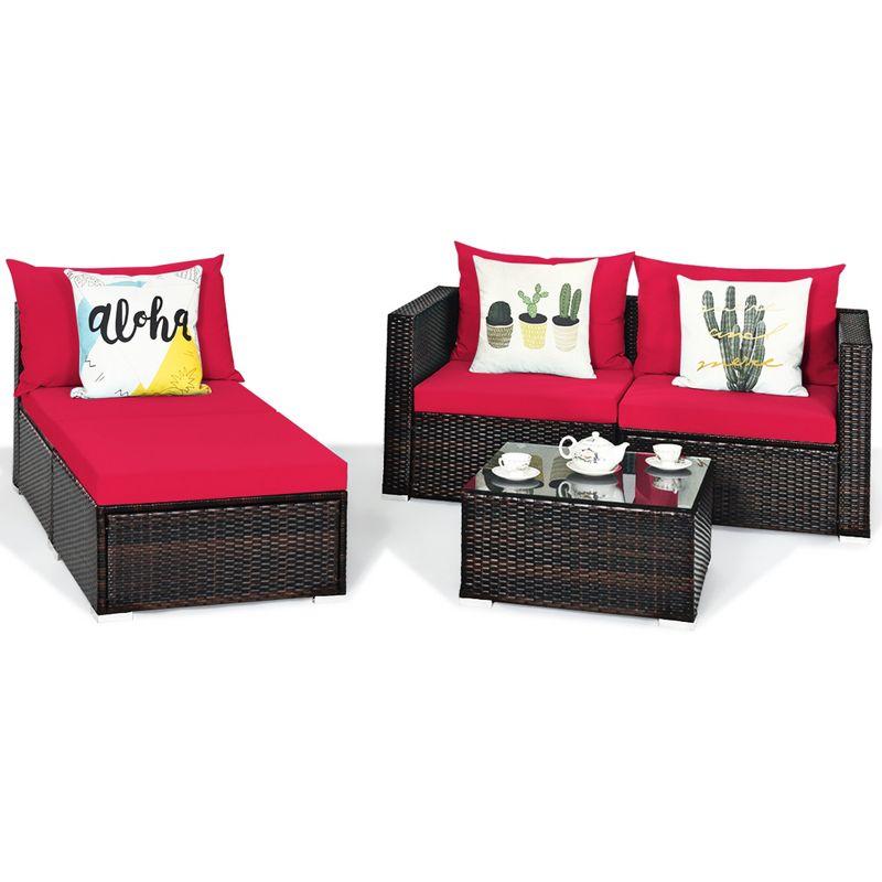 Tangkula 5PCS Cushioned Rattan Patio Conversation Set w/ Ottoman Red Cushion