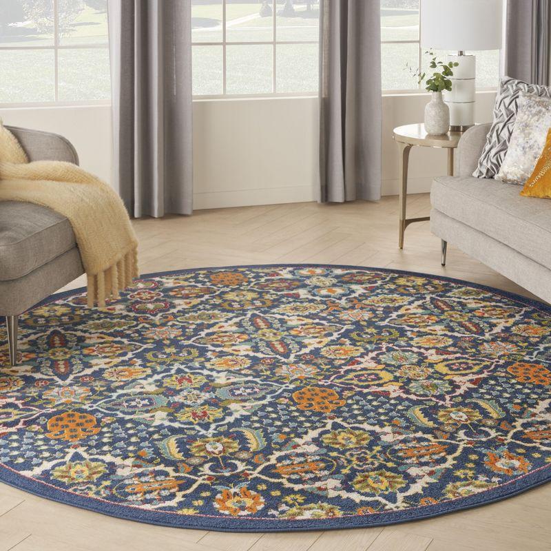 Navy Multicolor Round Floral Synthetic Area Rug, 7'10"