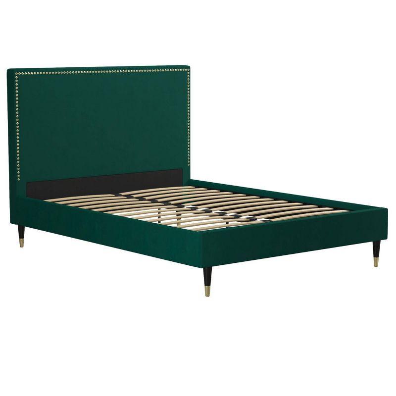 Emerald Green Velvet Queen Bed with Gold Nailhead Trim & Black Legs