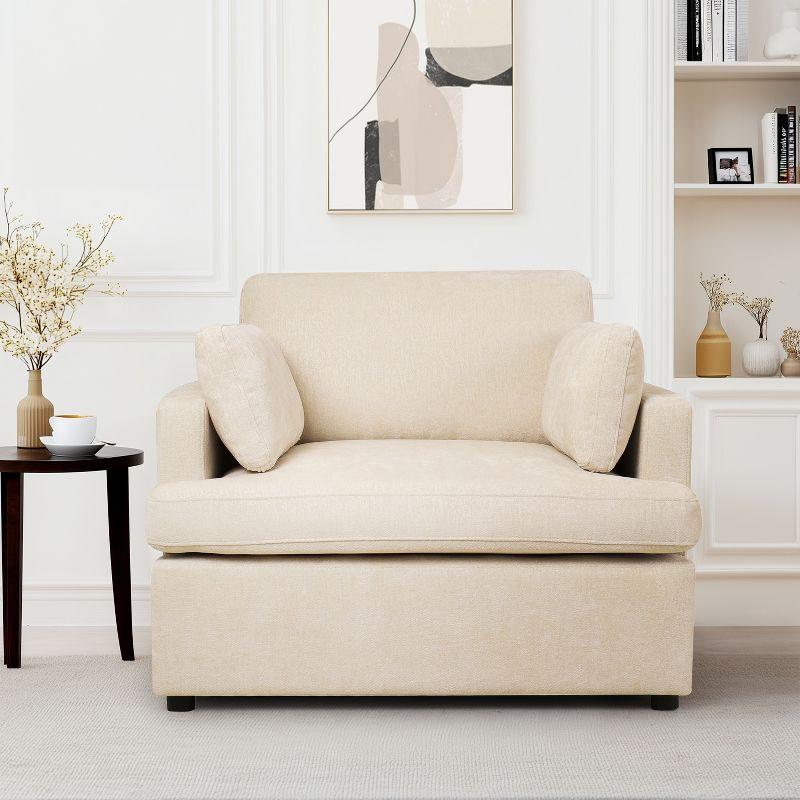 Beige Barrel Accent Chair with Wood Frame and Cushions