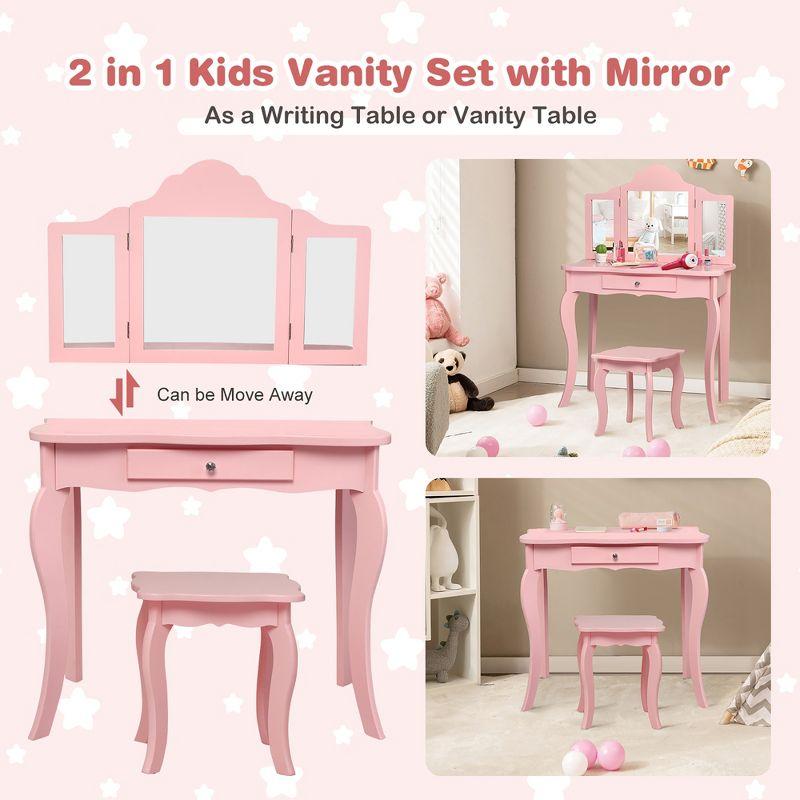 Infans Kids Vanity Table & Stool Princess Dressing Make Up Play Set for Girls Pink