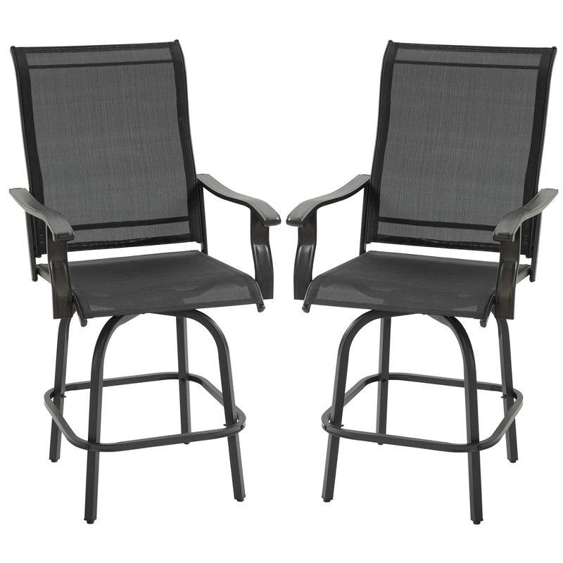 Outsunny Set of 2 Outdoor Swivel Bar Stools with Armrests, Bar Height Patio Chairs with Steel Frame for Balcony, Poolside, Backyard, Black
