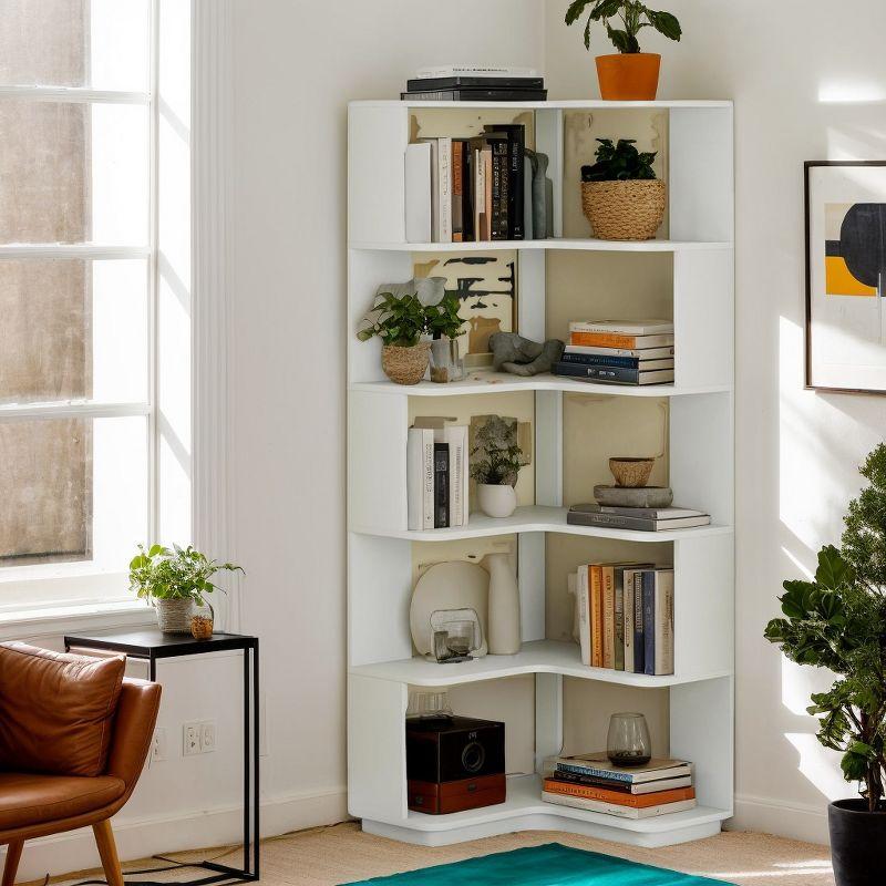 Hommoo 6-Tier Corner Bookshelf, 64.96" Corner Bookcase with Anti-Drop Panel Silver Gray