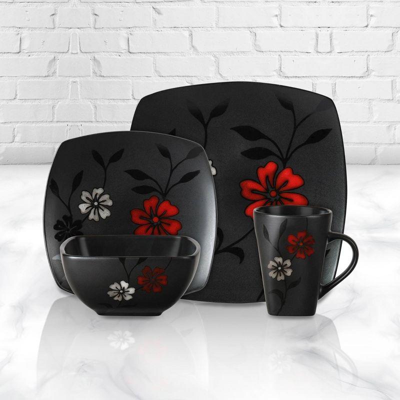 Black Ceramic Square Floral Dinnerware Set, Service for 4