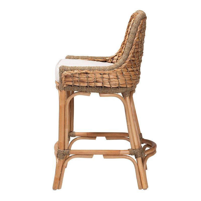 Kyle Modern Bohemian Natural Brown Woven Rattan and Mahogany Wood Counter Stool with Cushion