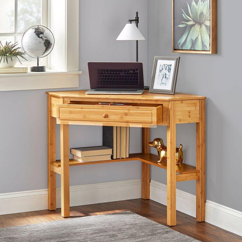 Compact Bamboo Corner Writing Desk with Storage Drawer