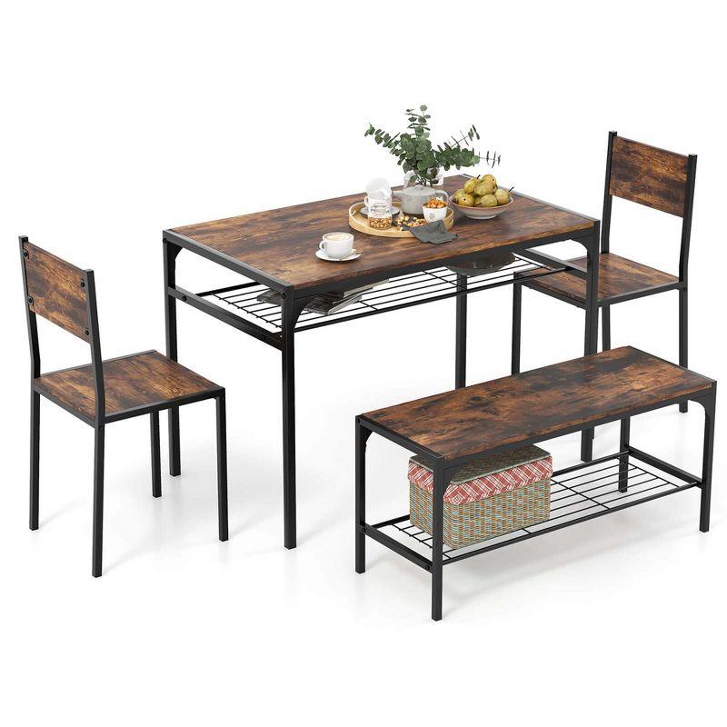 Costway Dining Table Set for 4 Rectangular Table with 2 Chairs, 1 Bench, Storage Racks Rustic Brown/Grey