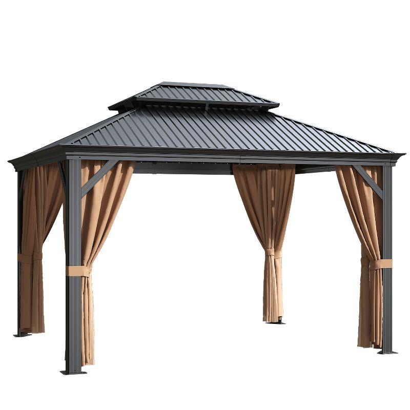 Black Aluminum and Steel Hardtop Gazebo with Curtains, 10' x 12'