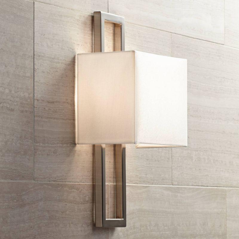 Possini Euro Design Modern Wall Light Sconces Set of 2 Brushed Nickel Hardwired 9 1/2" Fixture Silvery Faux Silk Shade for Bedroom