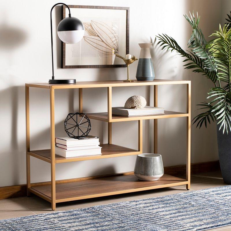 Walnut and Gold 3-Tier Geometric Console Table with Storage