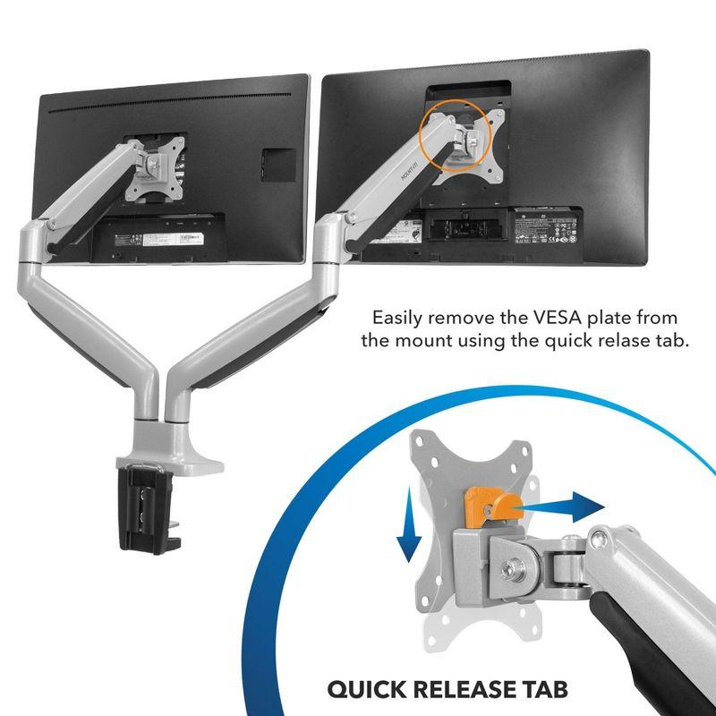 Mount-It! Dual Monitor Arm Mount Desk Stand Two Articulating Gas Spring Height Adjustable Arms | Fits Up To 32" | C-Clamp and Grommet Bases | Silver