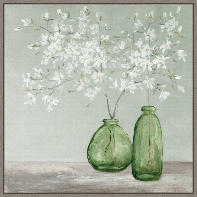 White Blossom Bouquets in Green Vases Canvas Print