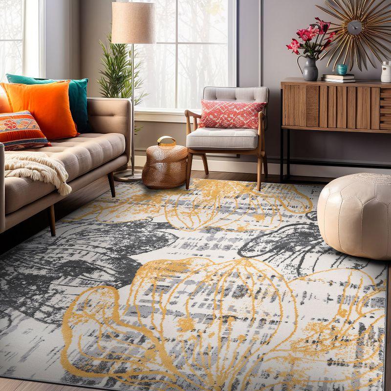 Yellow and Gray Floral Stain-Resistant 8' x 10' Area Rug