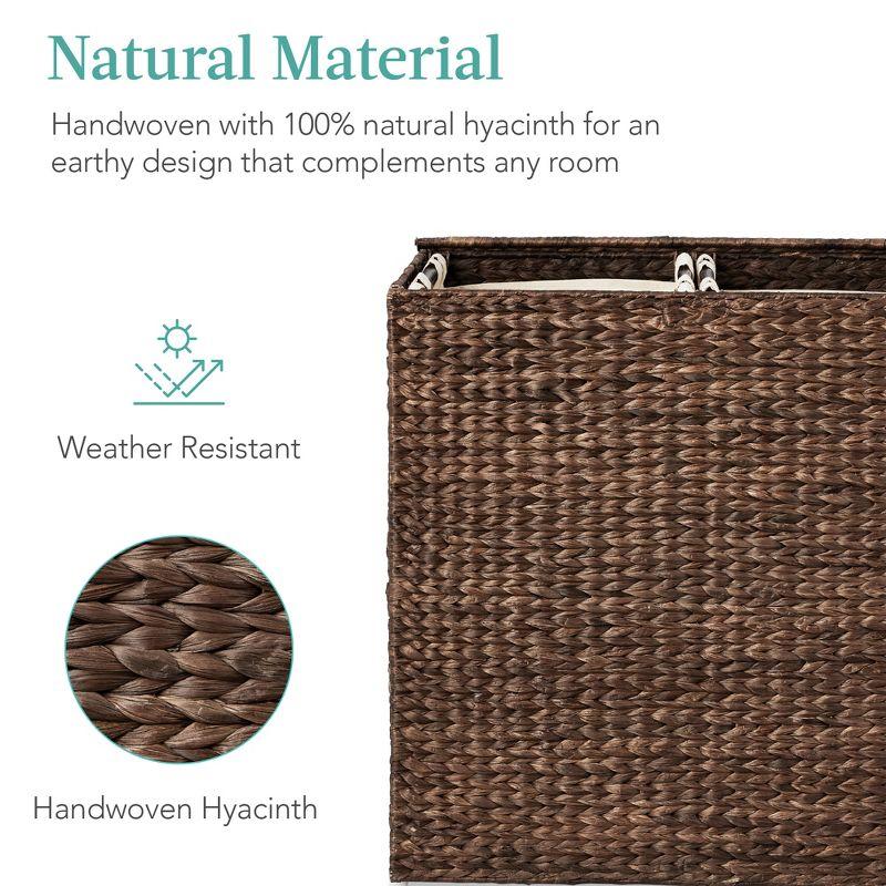 Best Choice Products Large Natural Water Hyacinth Double Laundry Hamper Basket w/ 2 Liner Bags, Handles - Espresso