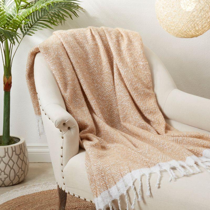 Saro Lifestyle Chic Faux Mohair Herringbone Fringed Throw, Beige, 50"x60"