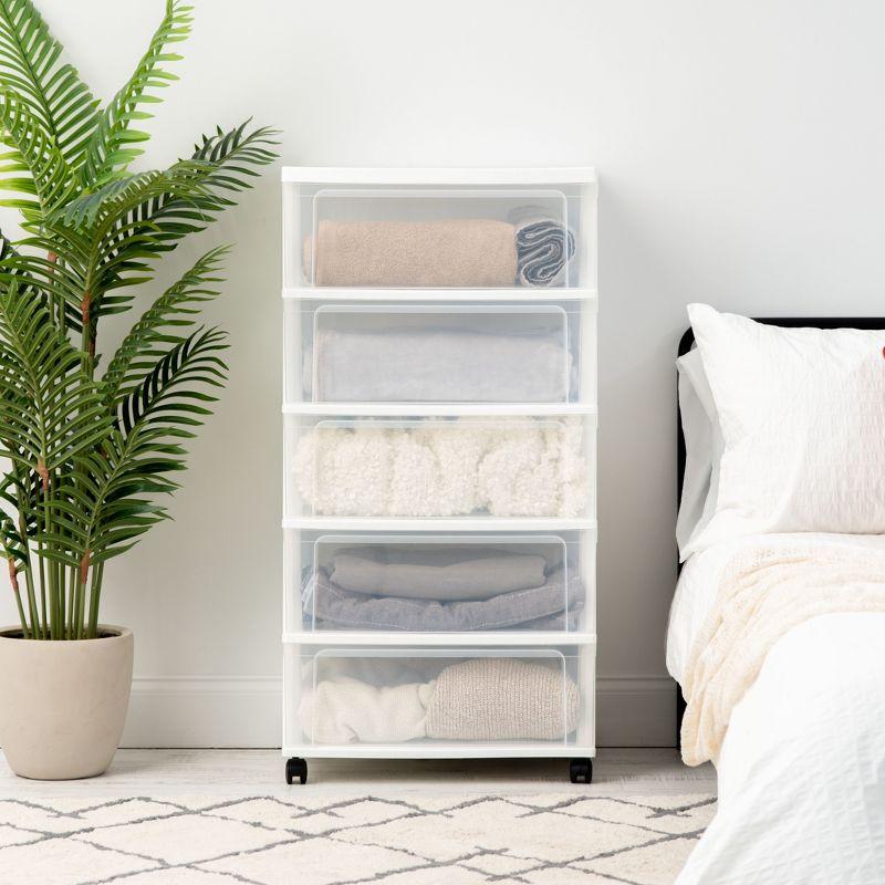IRIS USA 5 Drawer Wide Storage Drawer Cart with Caster Wheels, Plastic Rolling Dresser for Home Closet Bedroom Bathroom Office Laundry, White/Clear