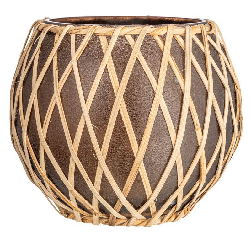 Storied Home Glass Votive Holder with Woven Rattan Sleeve, Brown and Natural