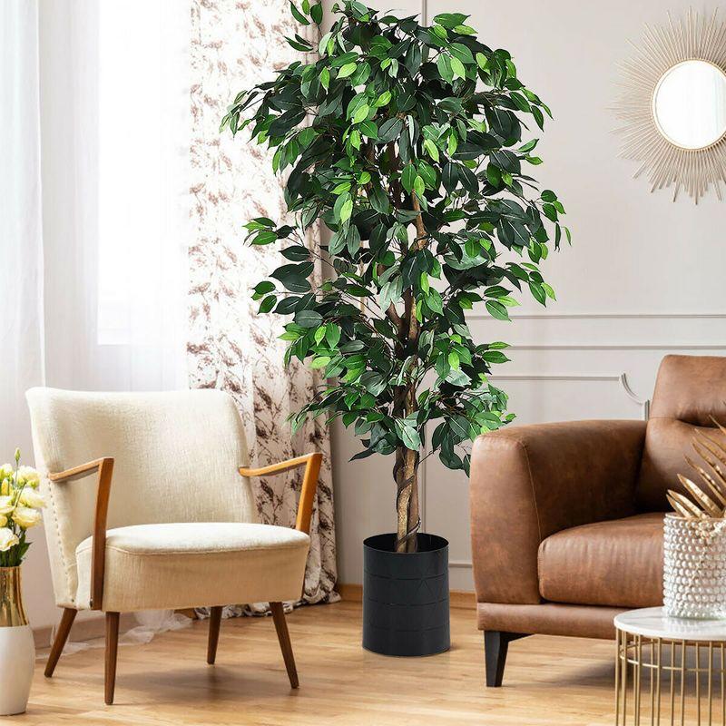 Costway 4 Feet/6 Feet Artificial Ficus Silk Tree Wood Trunks Green In/Outdoor Home Decor