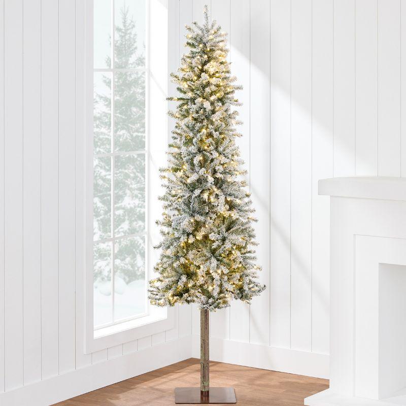 6ft Pre-Lit Snow Flocked Slim Pencil Alpine Christmas Tree with LED Lights and Metal Stand