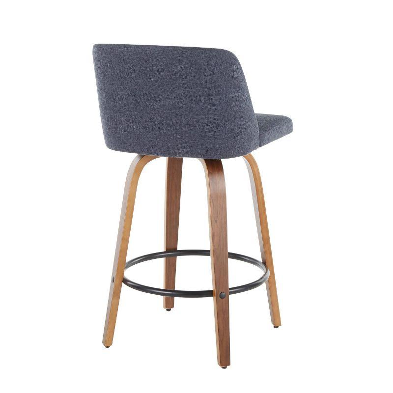 Set of 2 Toriano Mid-Century Modern Counter Height Barstools Walnut/Blue - LumiSource: Swivel, Polyester Upholstery, Wood Legs