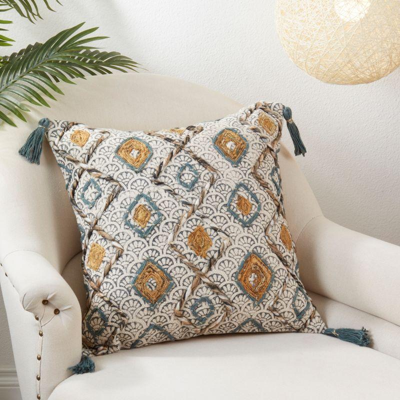 Clay and Multicolor Embroidered Cotton Pillow Cover with Tassels