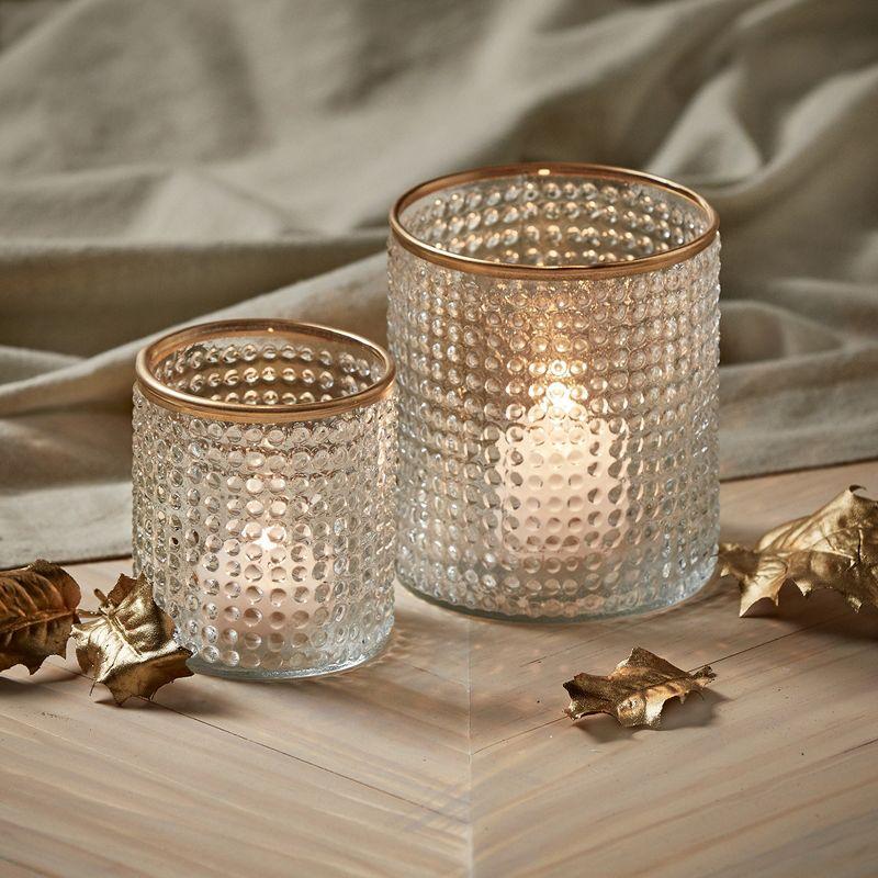 Clear Bubble Textured Glass Tealight Holder with Gold Rim